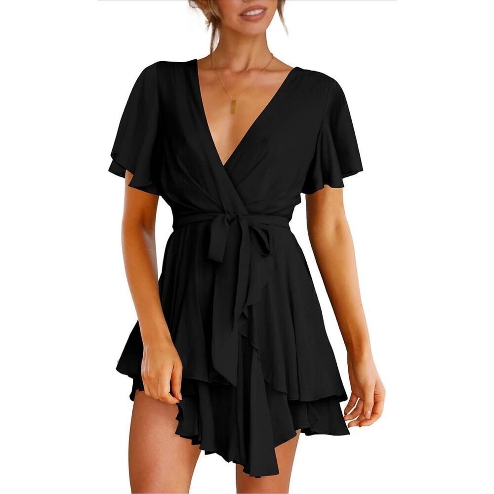 NEW Black Dress Deep V-Neck Ruffle Mini Swing Skater XS